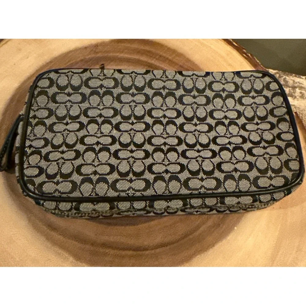 Vintage Coach Leather Canvas Mini C Logo Jewelry Zip Around Travel Case Black